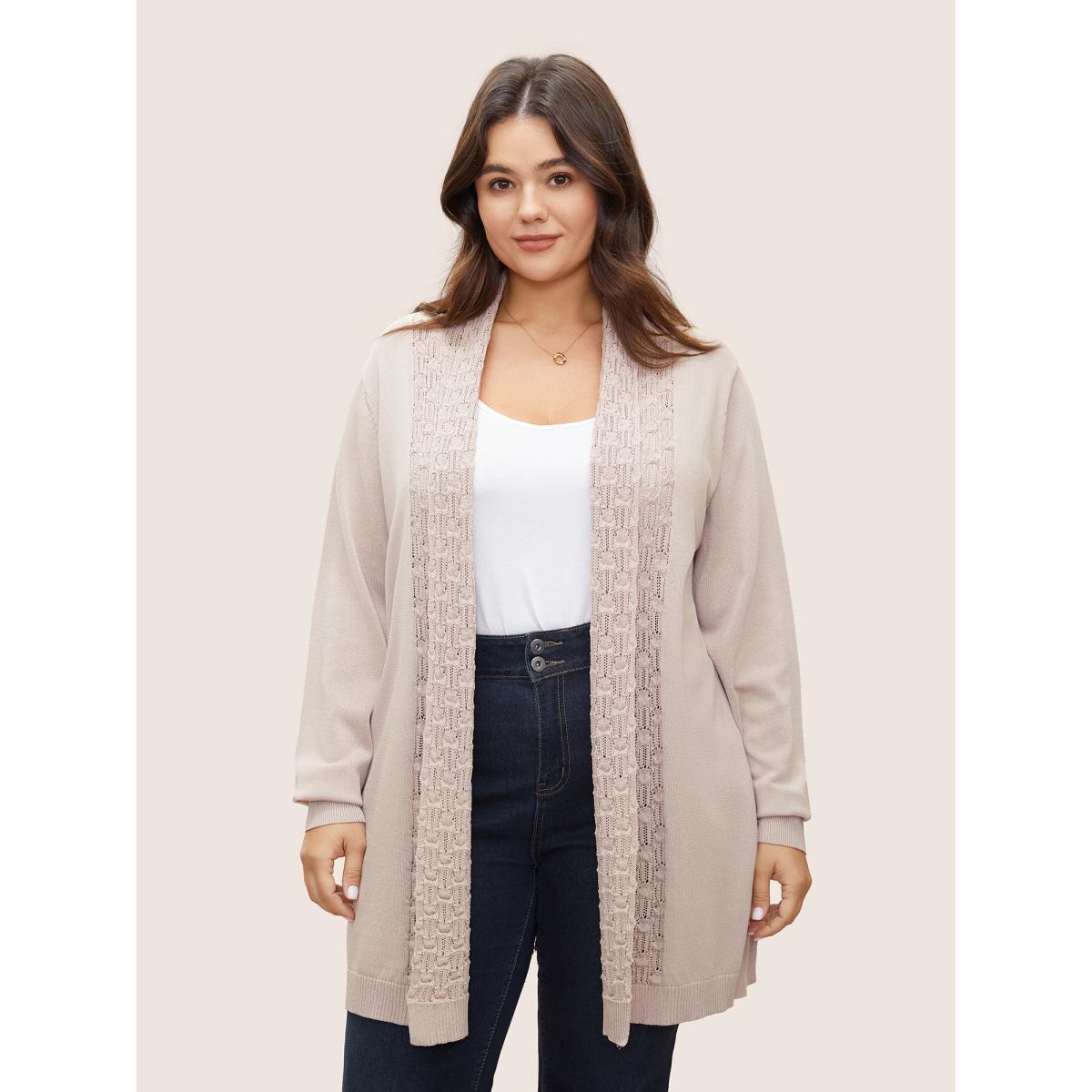 Plus Size Plain Lapel Collar Pointelle Knit Backless Cardigan Apricot Women Casual Long Sleeve Everyday Cardigans BloomChic 14-16/1X Product Image