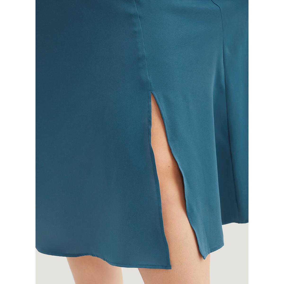 Plus Size Plain Shirred Ruched Split Side Dress Aegean Women Elegant Plain Square Neck Long Sleeve Curvy Midi Dress BloomChic 14-16/1X Product Image