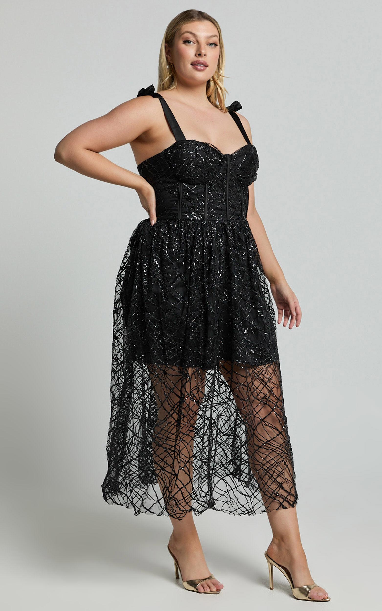 Rimea Midi Dress - Tie Shoulder Bustier Bodice Glitter Tulle Dress in Black Product Image