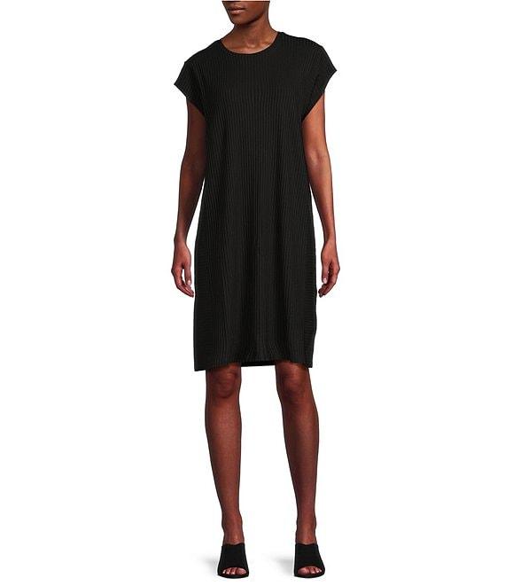 Eileen Fisher Textured Stretch Rib Round Neck Cap Sleeve Shift Dress Product Image