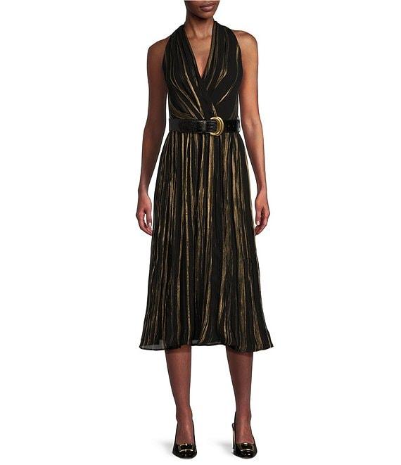 Donna Karan Halter V-Neck Sleeveless Belted Metallic Crinkle Chiffon Fit and Flare Midi Dress Product Image