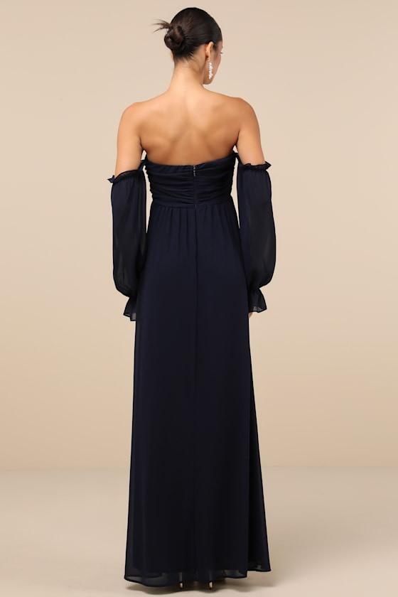 Glorious Invite Navy Blue Knotted Off-the-Shoulder Maxi Dress Product Image