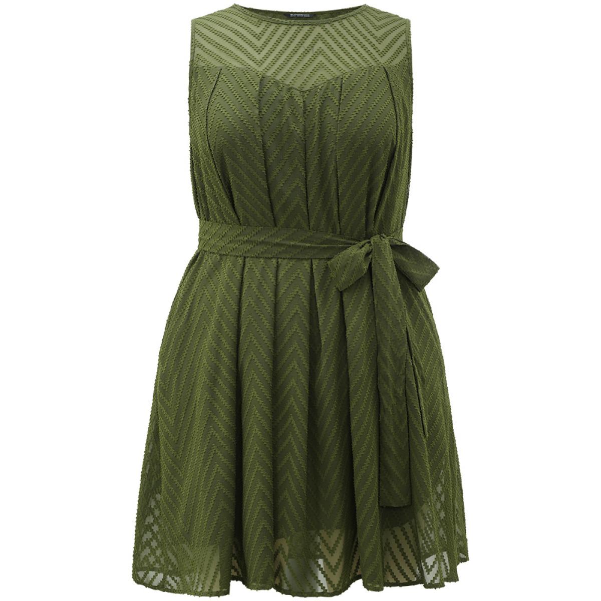 Plus Size Plisse Mesh Patchwork Belted Pleated Dress ArmyGreen Women Office Texture Round Neck Sleeveless Curvy Knee Dress BloomChic 28/5X Product Image