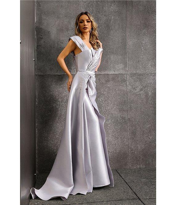 Terani Couture Off-The-Shoulder Ruched Bodice With Beading Mikado Mermaid Gown Product Image