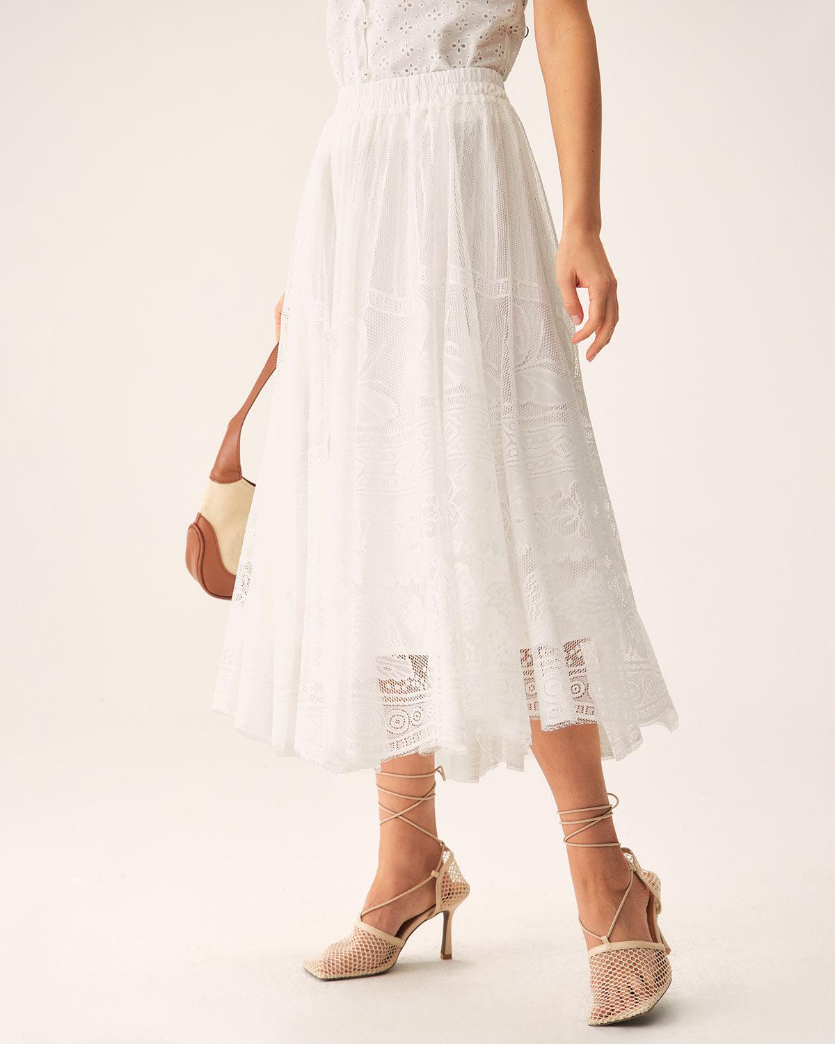 White Lace Elastic Waist Midi Skirt Product Image