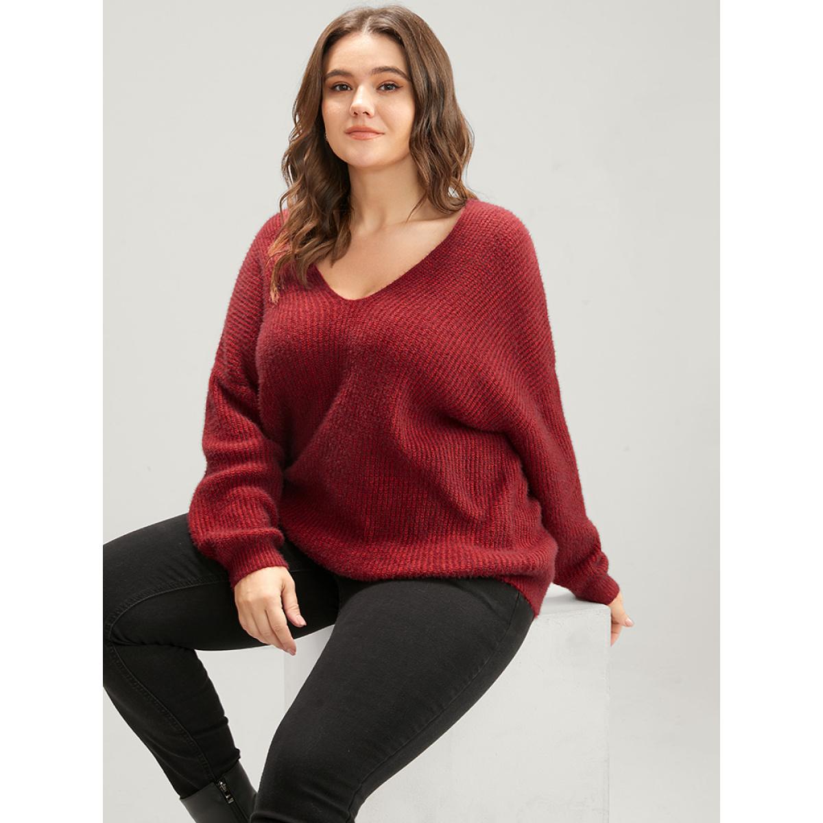 Plus Size Solid Soft Pointelle Knit Cut Out Fluffy Knit Top Burgundy Women Casual Loose Long Sleeve V-neck Dailywear Pullovers BloomChic 12/L Product Image