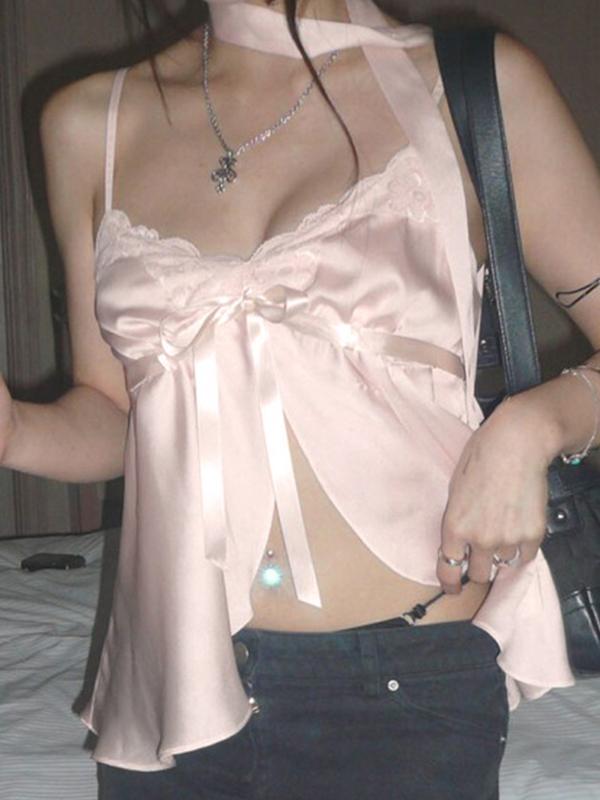 Patchwork Lace-Up Bow Cami Top Product Image