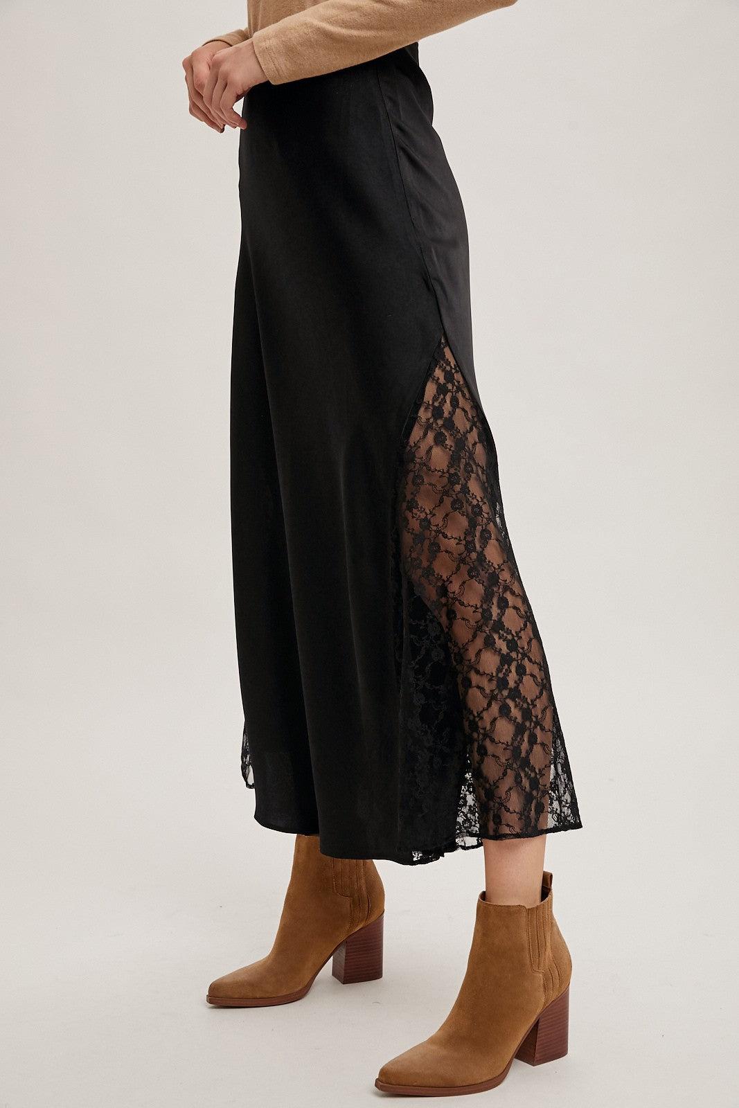 Lace Trimmed Satin Midi Skirt Product Image