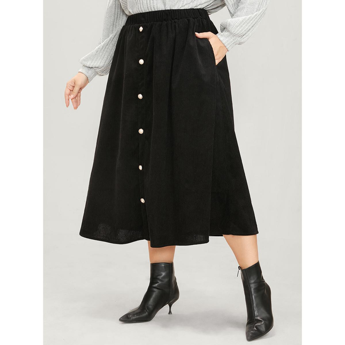 Plus Size Solid Button Detail Pocket Elastic Waist Corduroy Skirt Women Black Elegant Button No stretch Pocket Dailywear Skirts BloomChic 18-20/2X Product Image