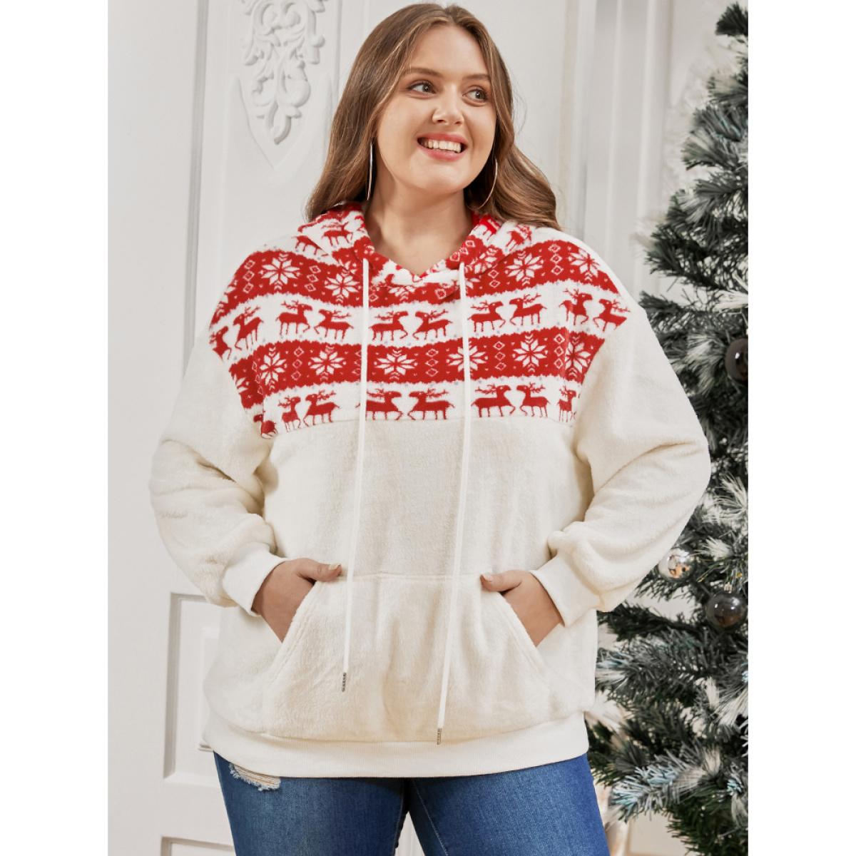 Plus Size Elk & Snowflake Print Pocket Drawstring Hooded Sweatshirt Women Multicolor Casual Patchwork Hooded Dailywear Sweatshirts BloomChic 26/4X Product Image