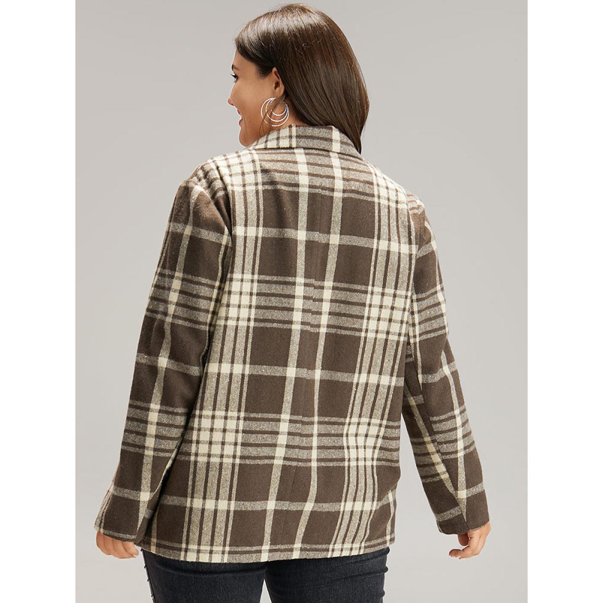 Plus Size Plaid Patched Pocket Button Through Coat Women DarkBrown Casual Contrast Ladies Dailywear Winter Coats BloomChic 28/5X Product Image