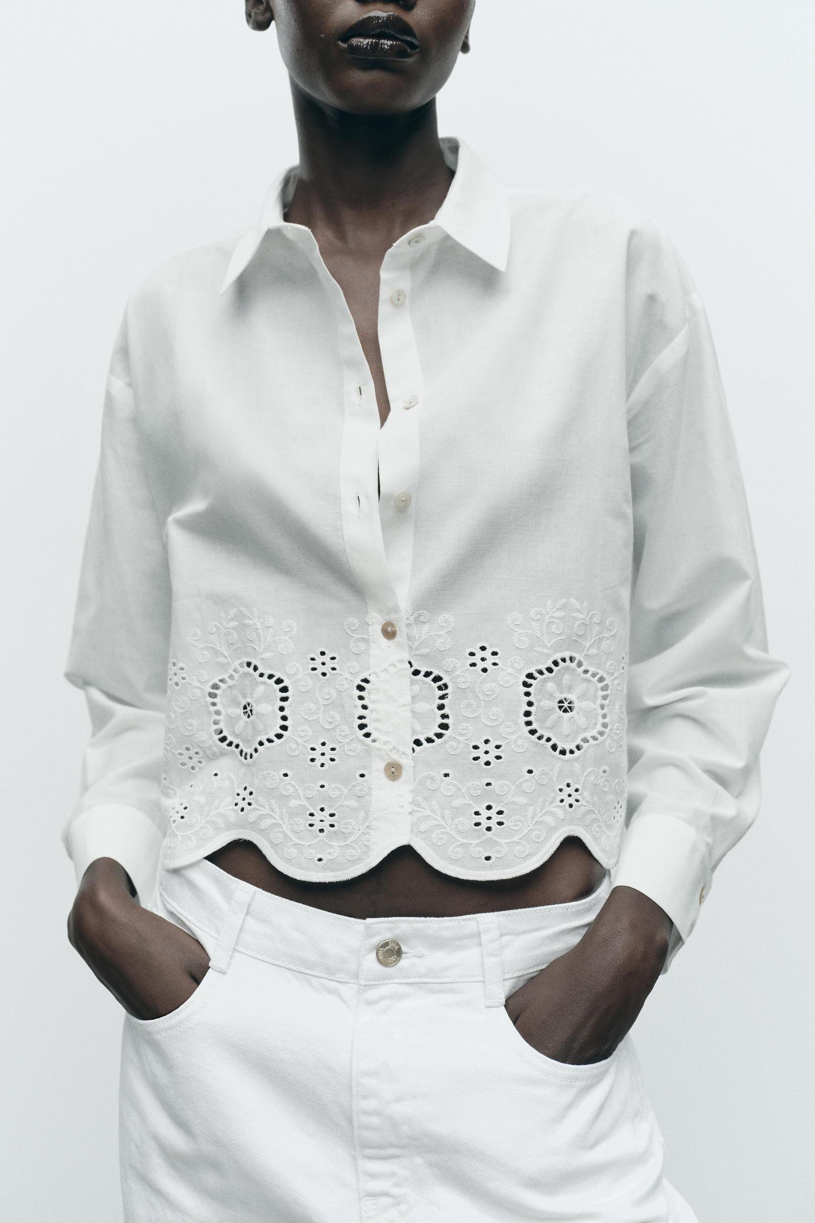 EMBROIDERED EYELET CROPPED SHIRT Product Image