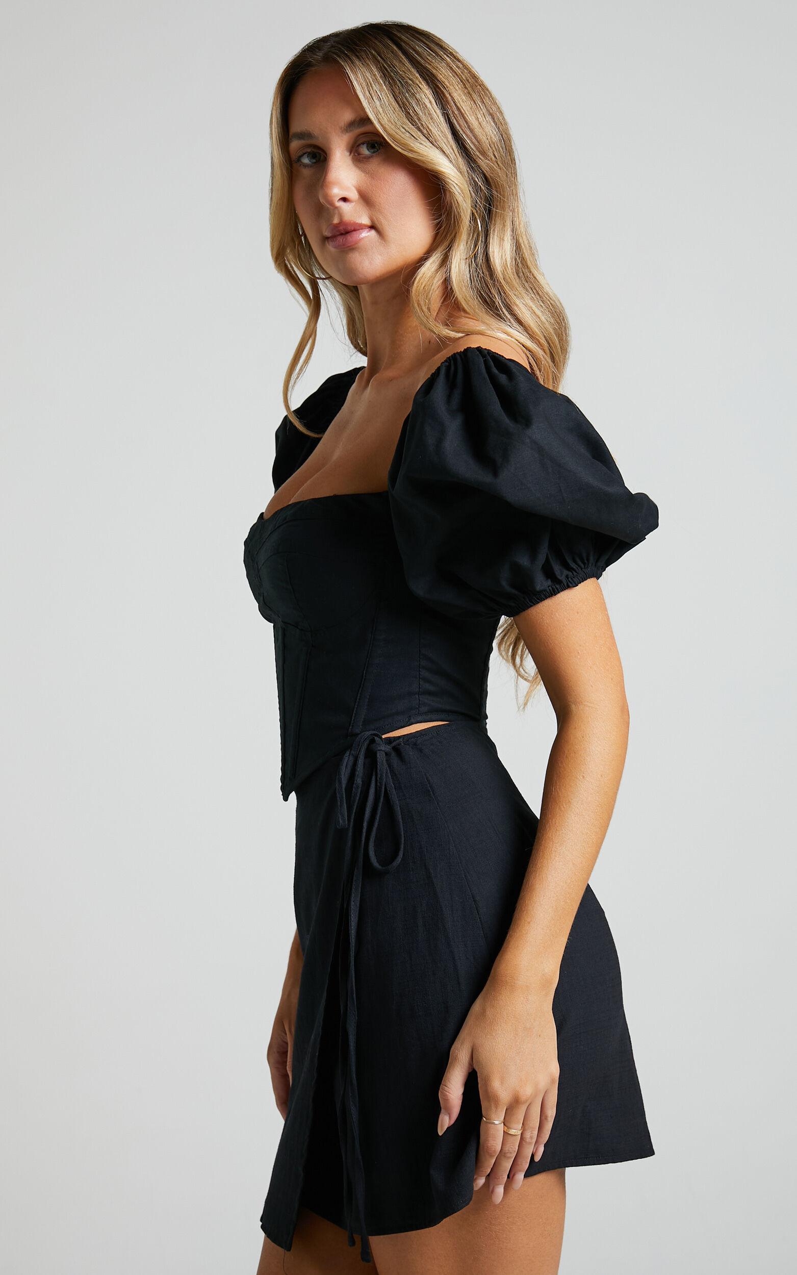 Estella Top - Puff Sleeve Corset Bustier Top in Black Product Image