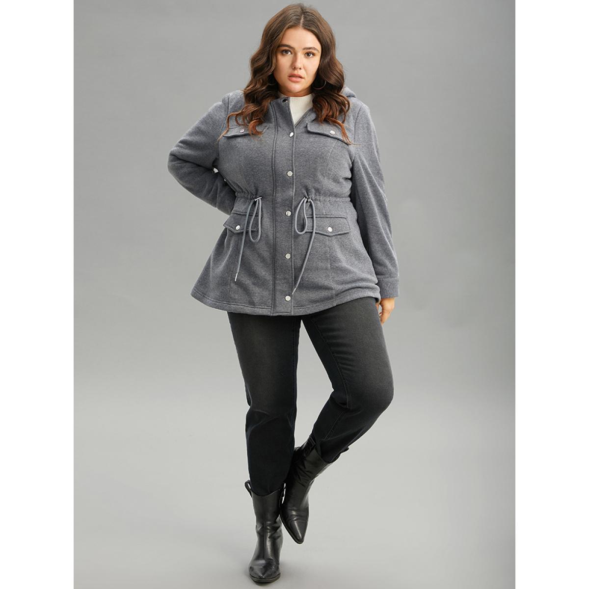 Plus Size Solid Zipper Button Through Hooded Fluffy Coat Women DimGray Casual Lined Ladies Dailywear Winter Coats BloomChic 18-20/2X Product Image