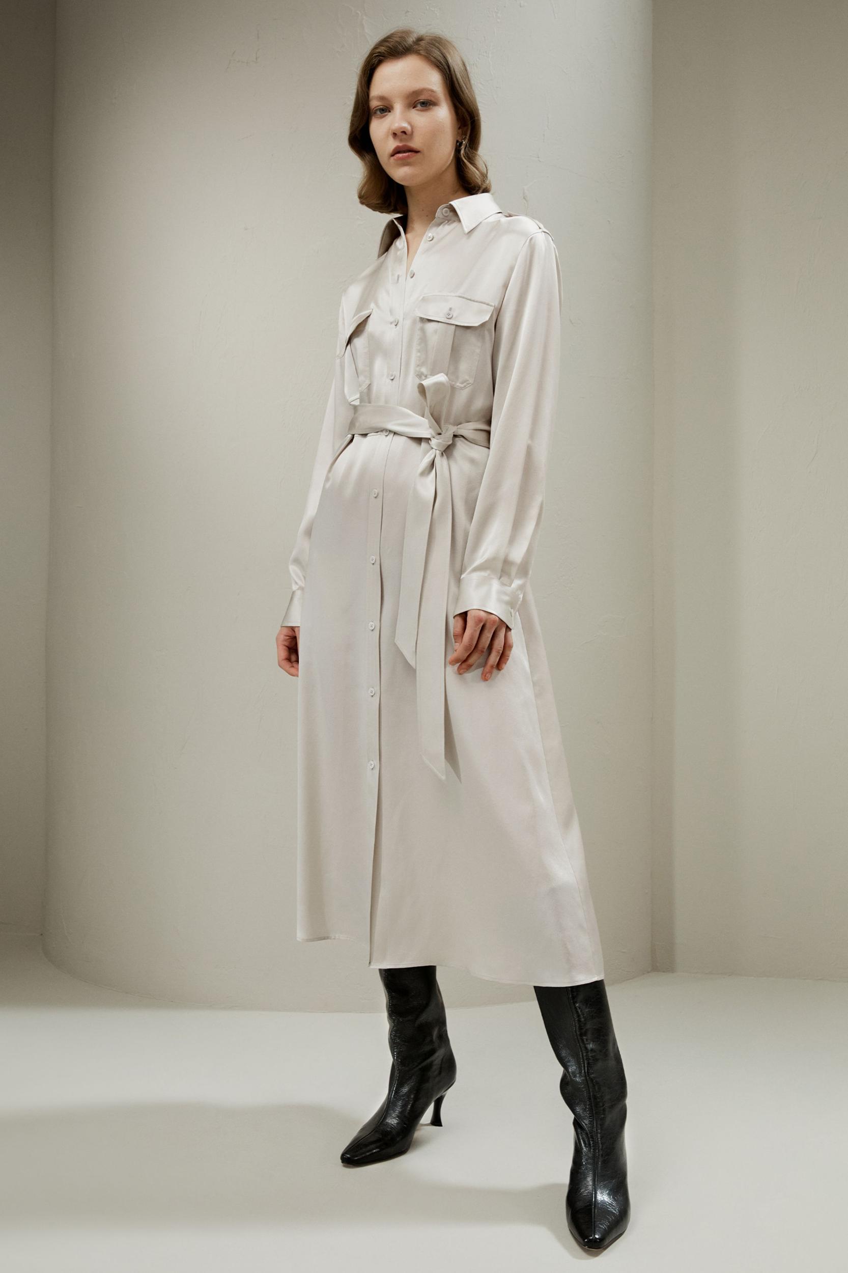 Trench-Style Silk Midi Shirt Dress Product Image