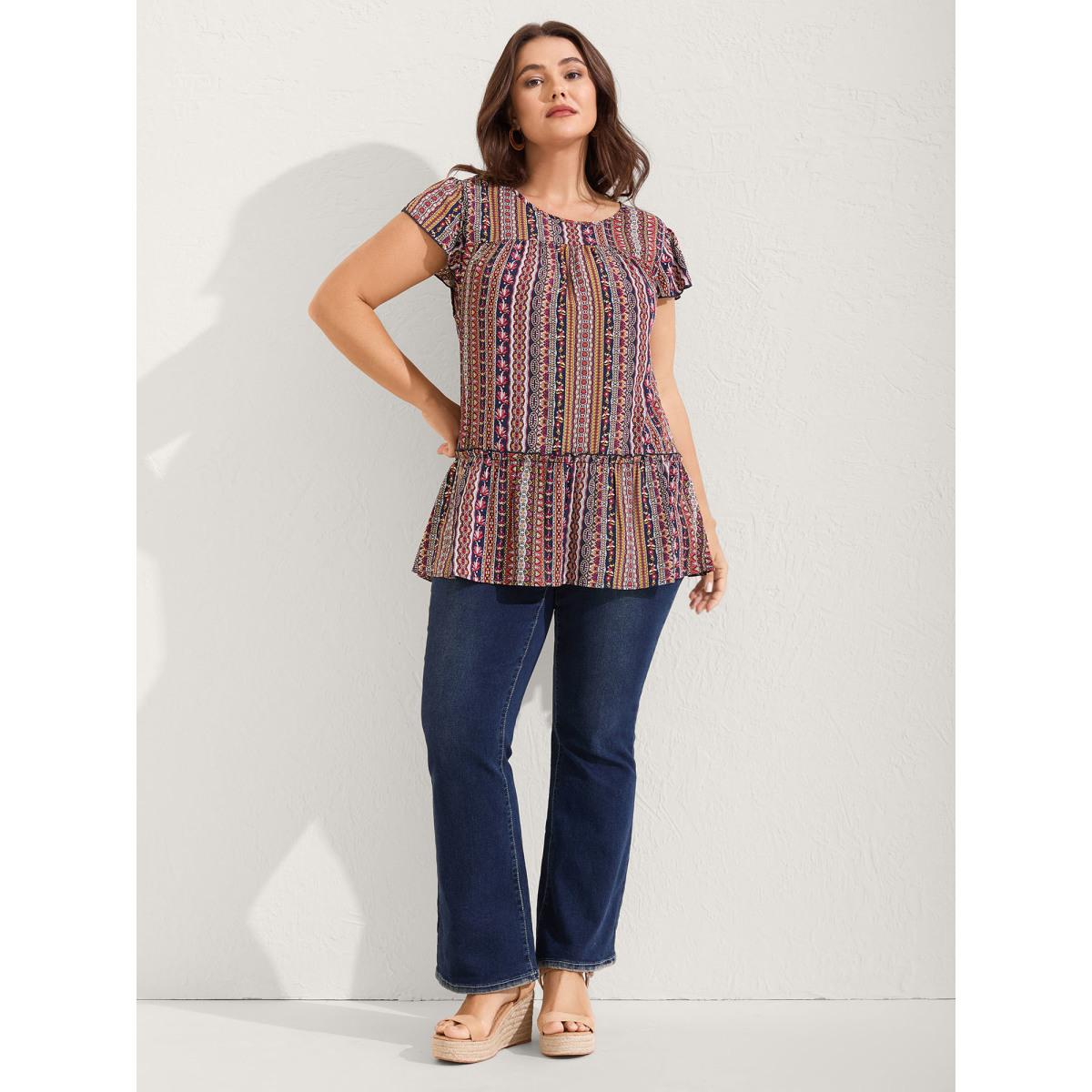 Plus Size Midnight Boho Stripes Tiered Ruffle Blouse Women Cap Sleeve Round Neck Vacation Blouses BloomChic 12/L Product Image