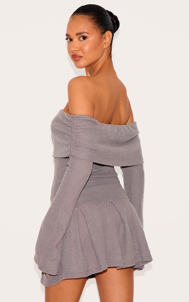 Charcoal Waffle Textured Bardot Pleated Shift Dress Product Image
