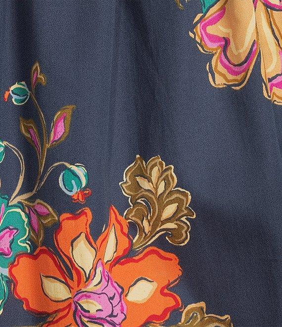 Democracy Petite Size Woven Floral Split Smock Neck Short Sleeve Top Product Image