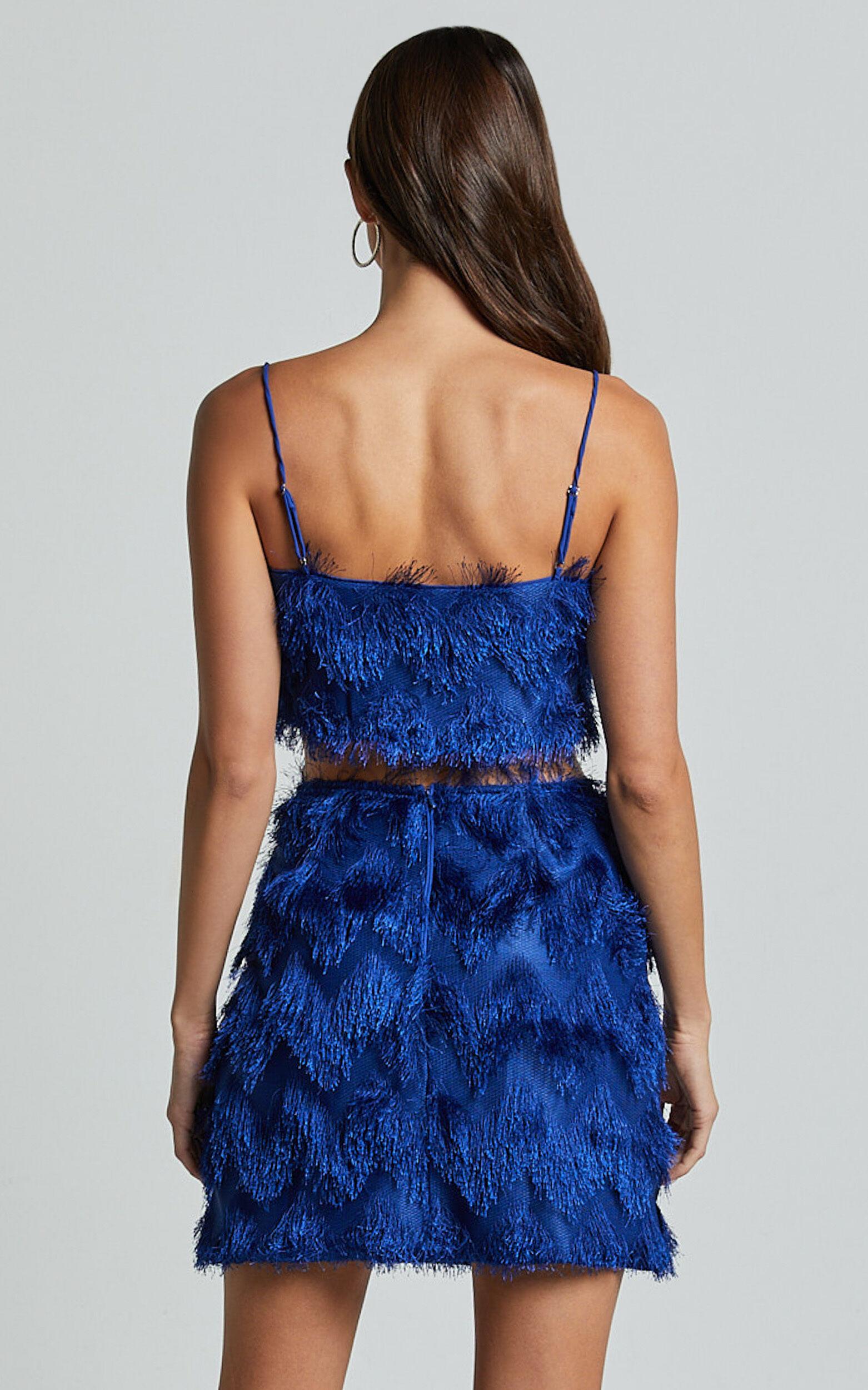 Shelby Mini Skirt - High Waist Fringe Skirt in Cobalt Blue Product Image