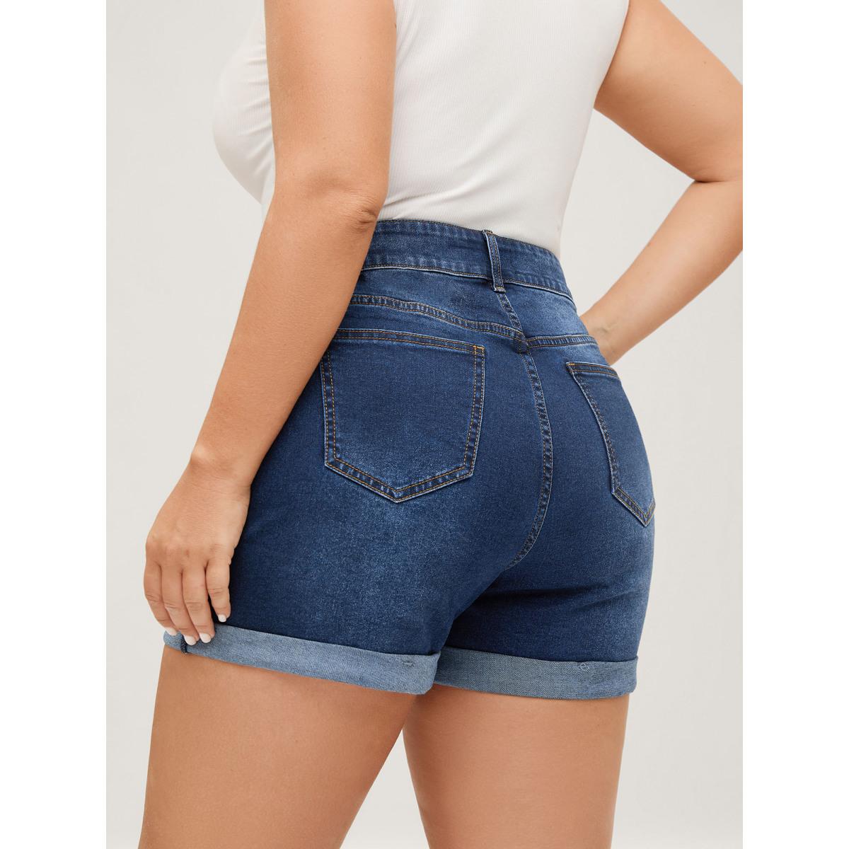 Plus Size Stretchy Ripped Skinny Fit Denim Shorts Women Darkindigo Distressed Medium stretch Casual Slanted pocket Leisure Denim Shorts BloomChic 14/1X Product Image