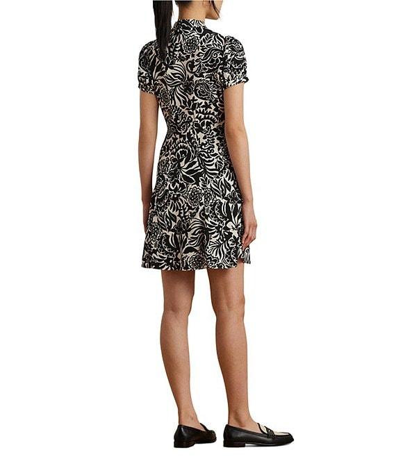 Lauren Ralph Lauren Petite Size Smooth Crepe de Chine Embroidered Floral Deep V-Neck Short Sleeve Empire Waist Dress Product Image
