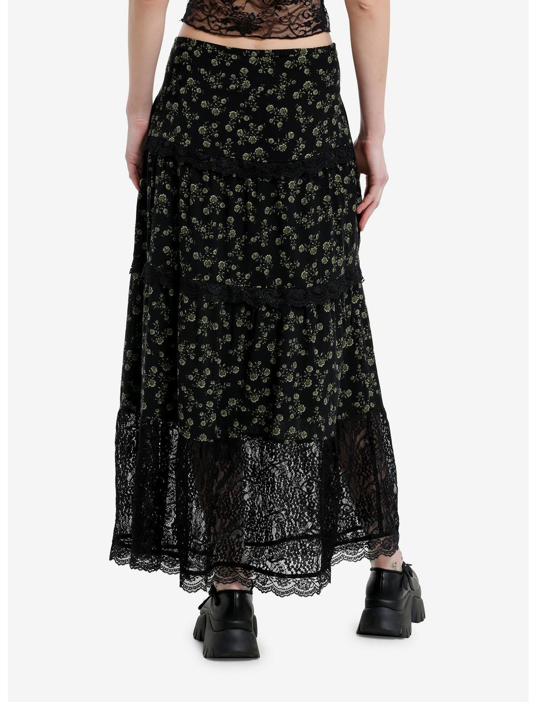Thorn & Fable Green Flower & Black Lace Midi Skirt Product Image