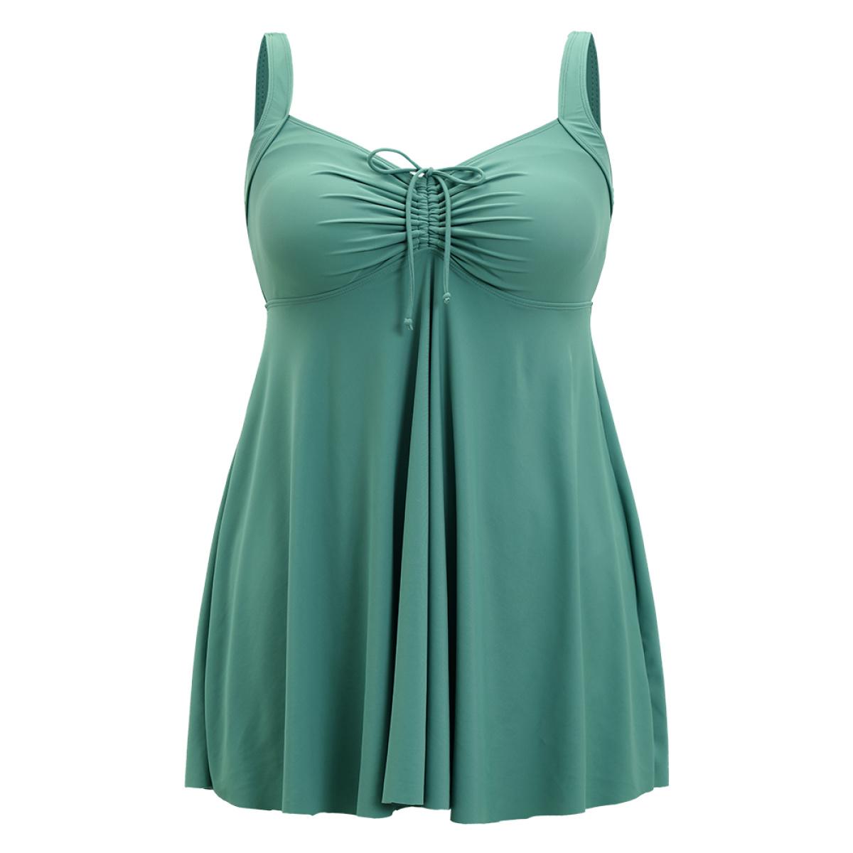 Plus Size Ruched Drawstring Flutter Hem Swim Dress Women's Swimwear Emerald Vacation Bodycon High stretch Curve Swim Dresses BloomChic 30/6X Product Image