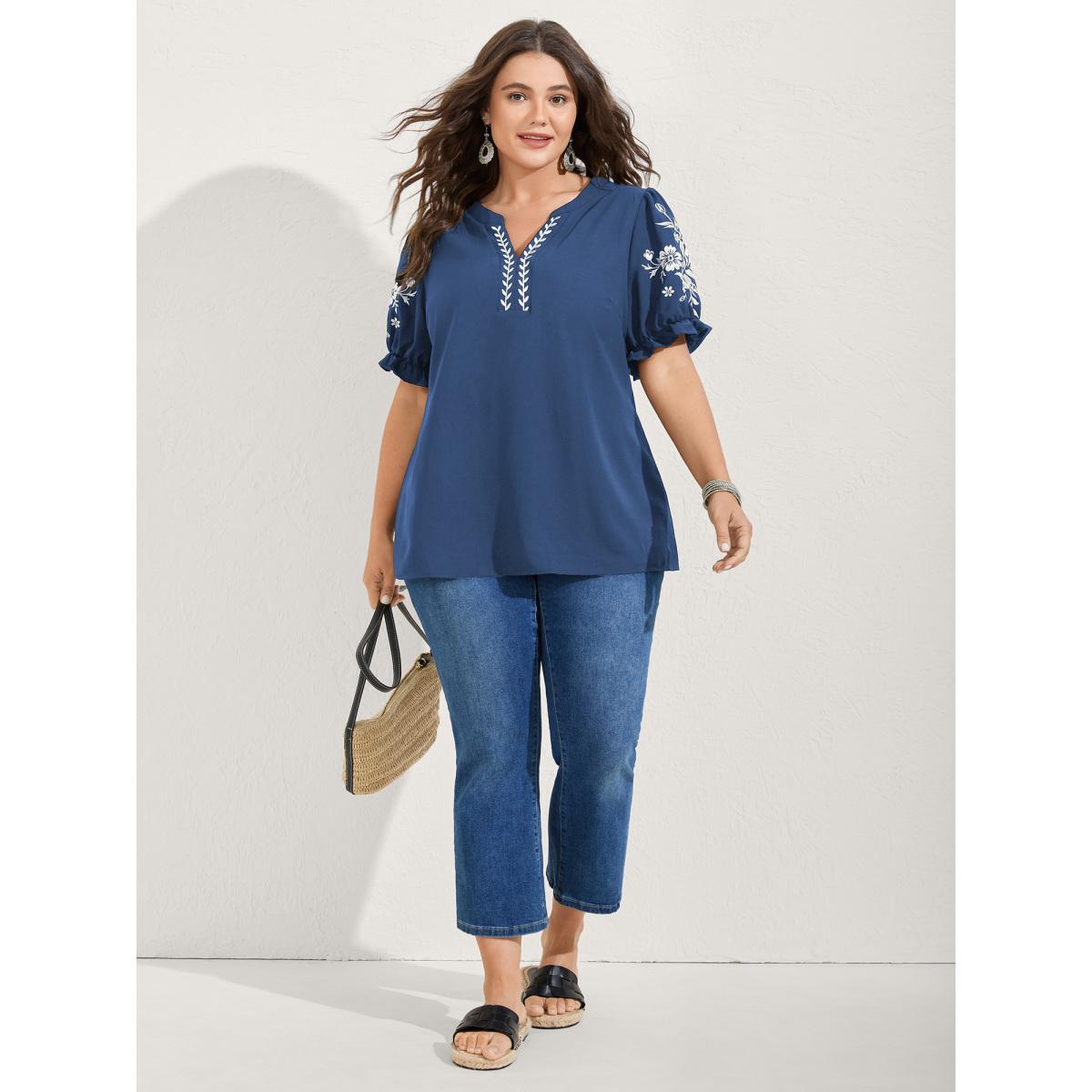 Plus Size Mediumblue Notched Collar Embroidered Ruffled Blouse Women Half Sleeve Flat collar with V-notch Everyday-Elegant Blouses BloomChic 26/4X Product Image