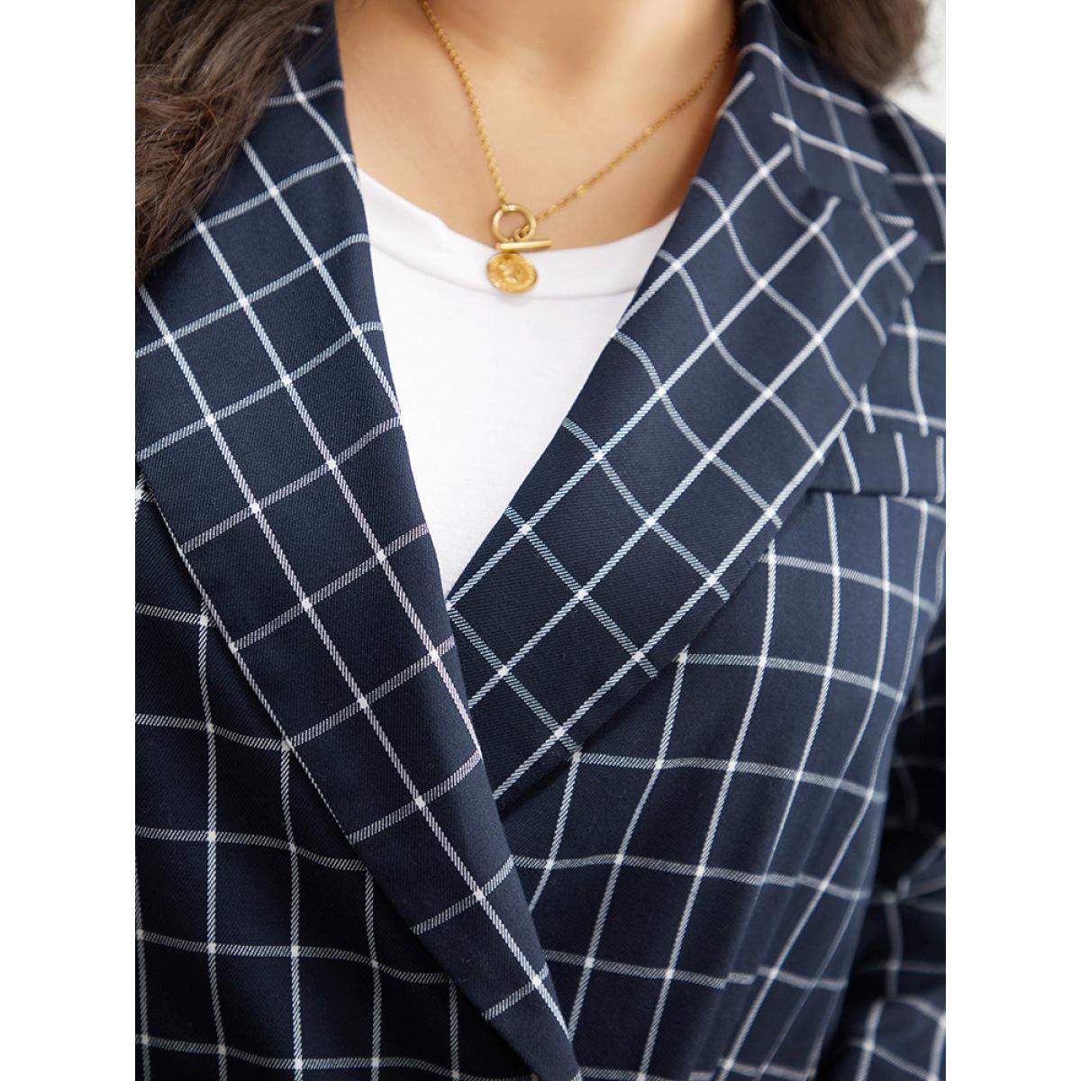 Plus Size Plaid Flap Detail Suit Collar Button Up Blazer DarkBlue Women Dailywear Plaid Contrast Sleeve Long Sleeve Suit Collar 12/L Pocket Casual Blazers BloomChic Product Image
