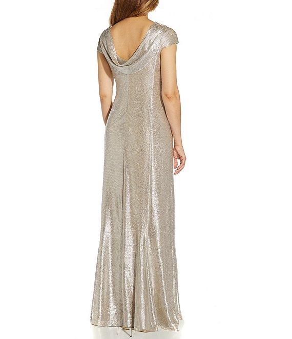 Adrianna Papell Glitter Cowl Neck Draped Back Cap Sleeve A-Line Gown Product Image