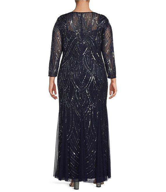 Pisarro Nights Plus Size Beaded Mesh 3/4 Sleeve A-Line Gown Product Image