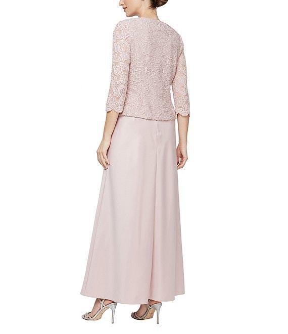 Alex Evenings Glitter Lace 3/4 Sleeve Square Neck Scallop Hem Bodice 2-Piece Jacket Gown Product Image