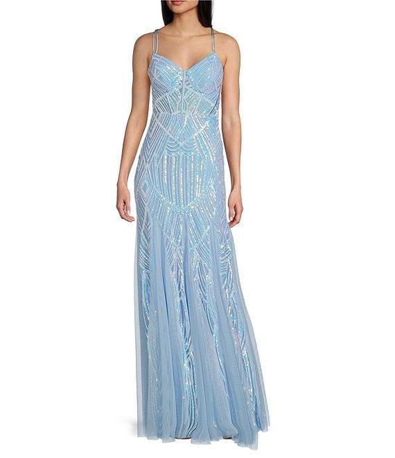 Blondie Nites Sequin Pattern Sweetheart Neck Spaghetti Strap Corset Tie Back Mesh Godet Gown Product Image
