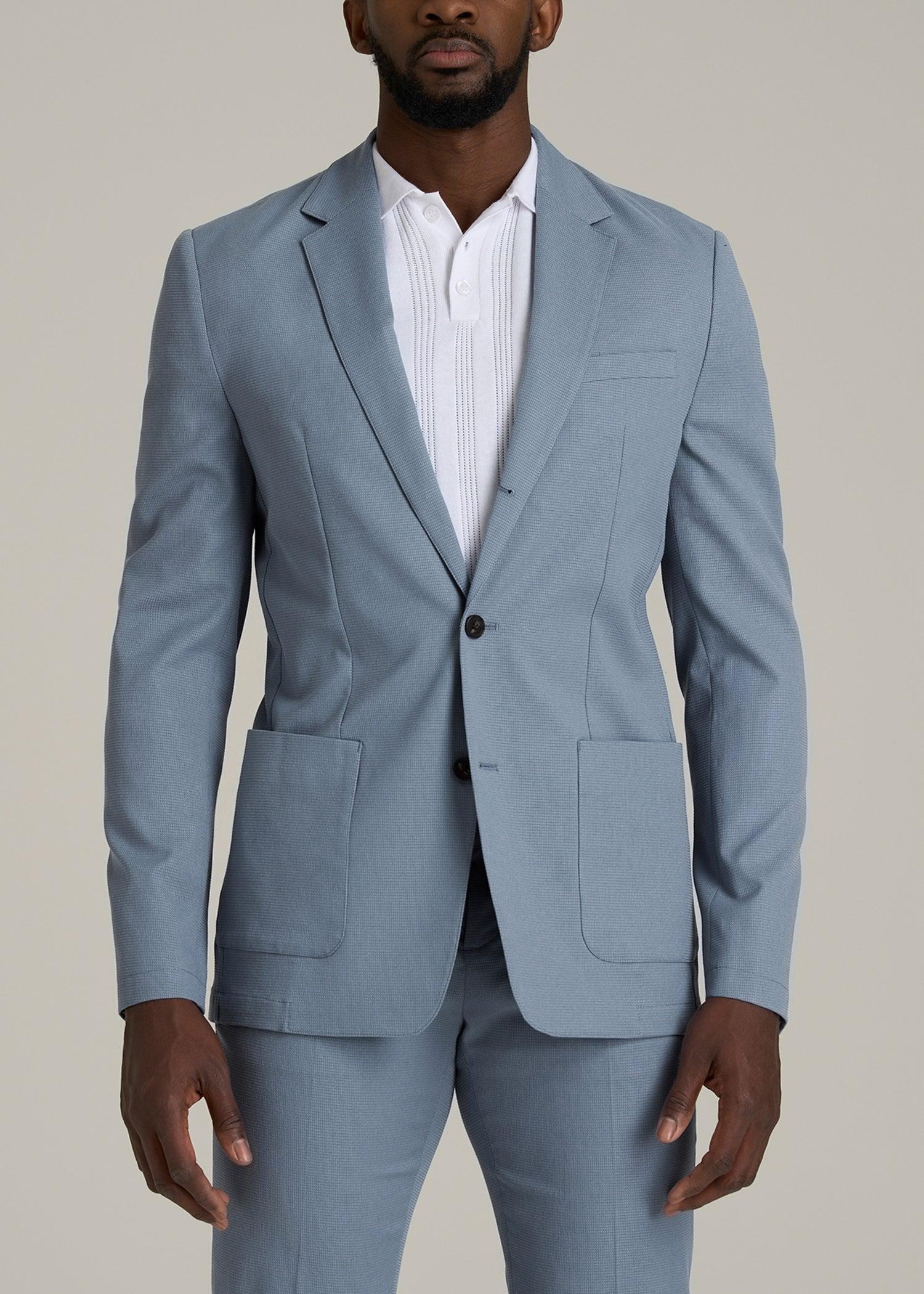 Textured Garment Washed Stretch Cotton Blazer for Tall Men in Chambray Male Product Image