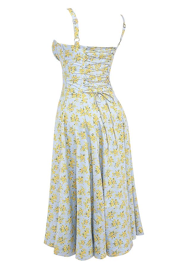 Carmen  soft blue vintage floral print cotton bustier sundress Product Image