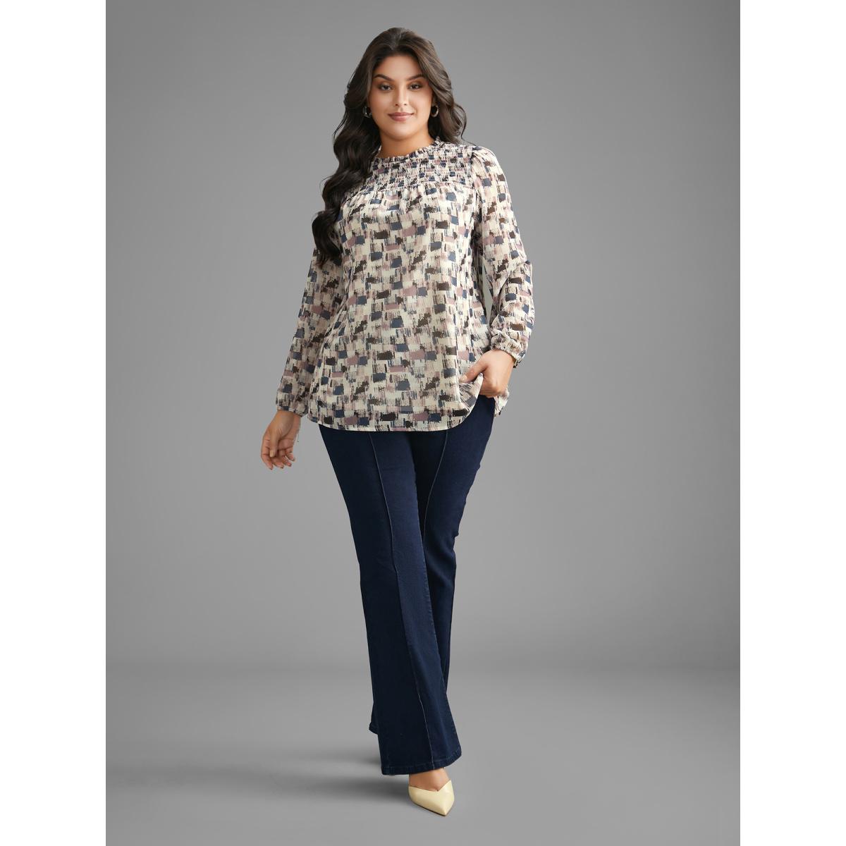 Plus Size Lilac Brush Print Shirred Ruffles Gathered Blouse Women Elegant Long Sleeve Mock Neck Everyday Blouses BloomChic 14-16/1X Product Image