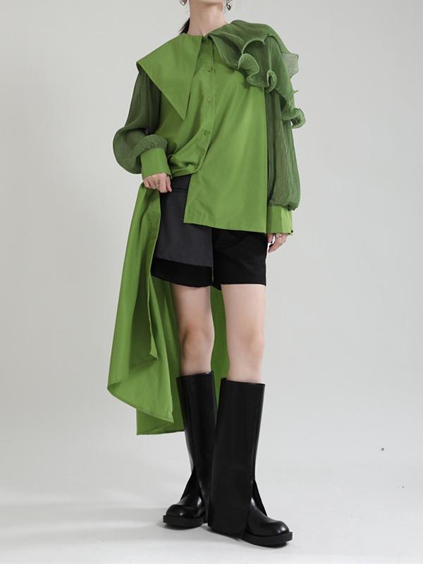 Long Sleeves Loose Asymmetric Pleated Solid Color Split-Joint Falbala Lapel Blouses&Shirts Tops Product Image