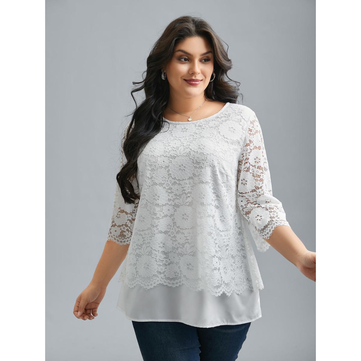 Plus Size Opticwhite Layered Crochet Lace Semi-Sheer Blouse Women Elegant Elbow-length sleeve Round Neck Everyday Blouses BloomChic 12/L Product Image