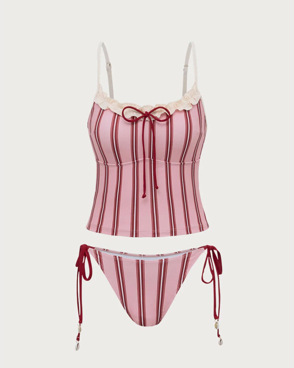 Pink Striped Tankini Swimsuit Product Image
