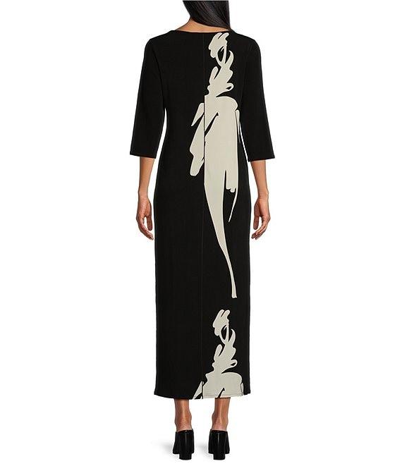 Eva Varro Knit Brushstroke Print Boat Neck 3/4 Sleeve Single Layered Long Sheath Dress Product Image
