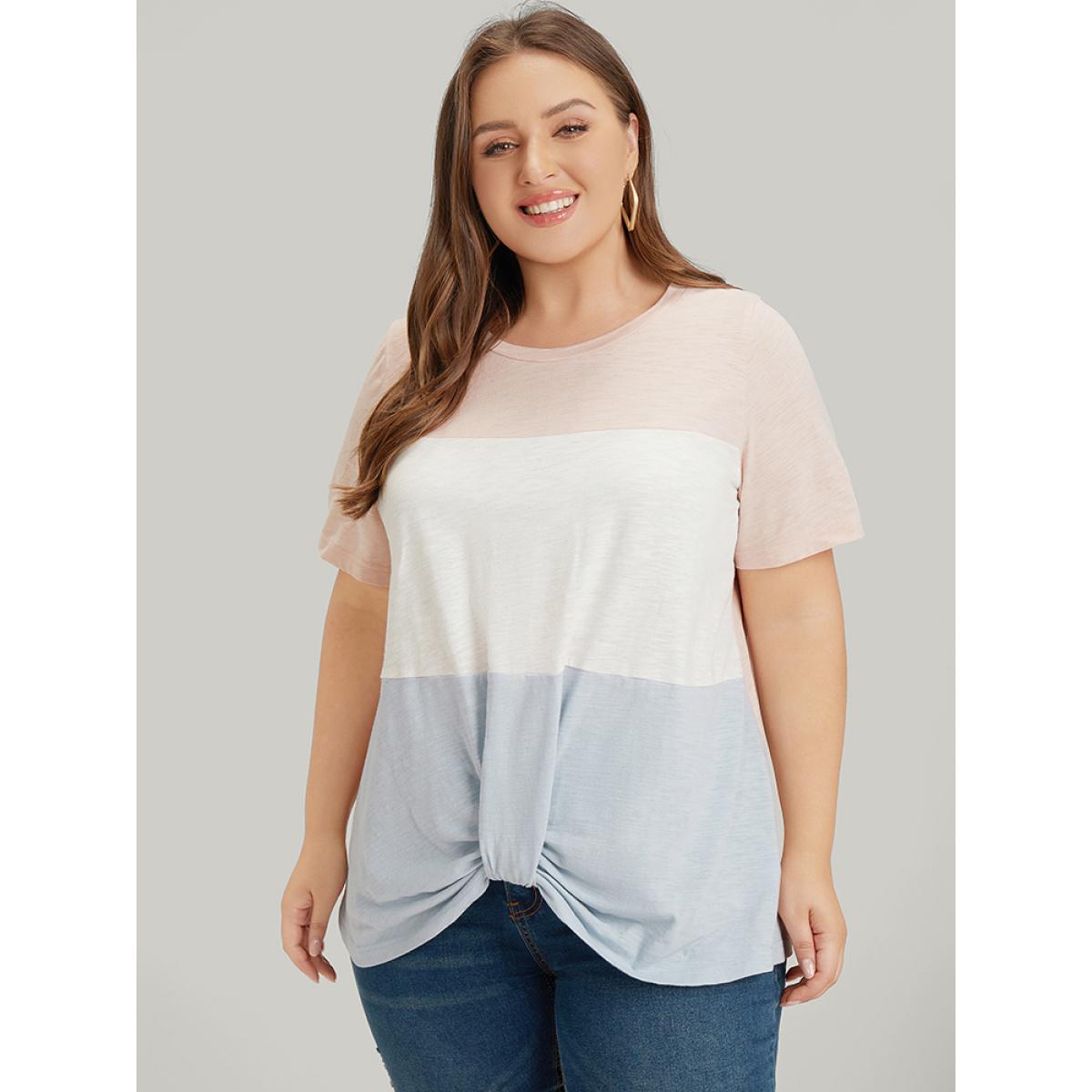 Plus Size Colorblock Contrast Heather Twist Hem T-shirt Multicolor Women Casual Heather Colorblock Round Neck Dailywear T-shirts BloomChic 12/L Product Image