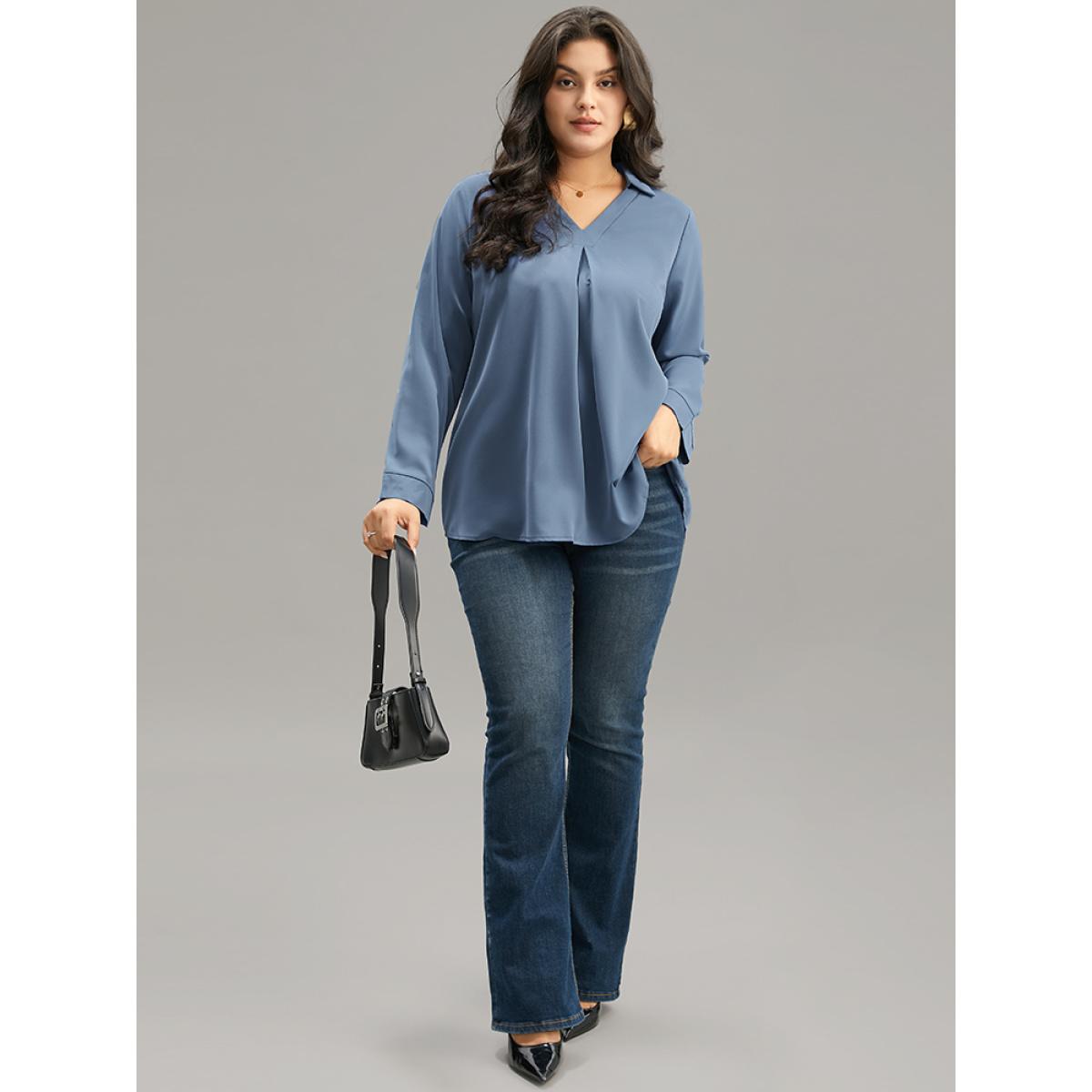 Plus Size Stone Anti-Wrinkle Plain V Neck Plicated Detail Blouse Women Office Long Sleeve V-neck Work Blouses BloomChic 26/4X Product Image