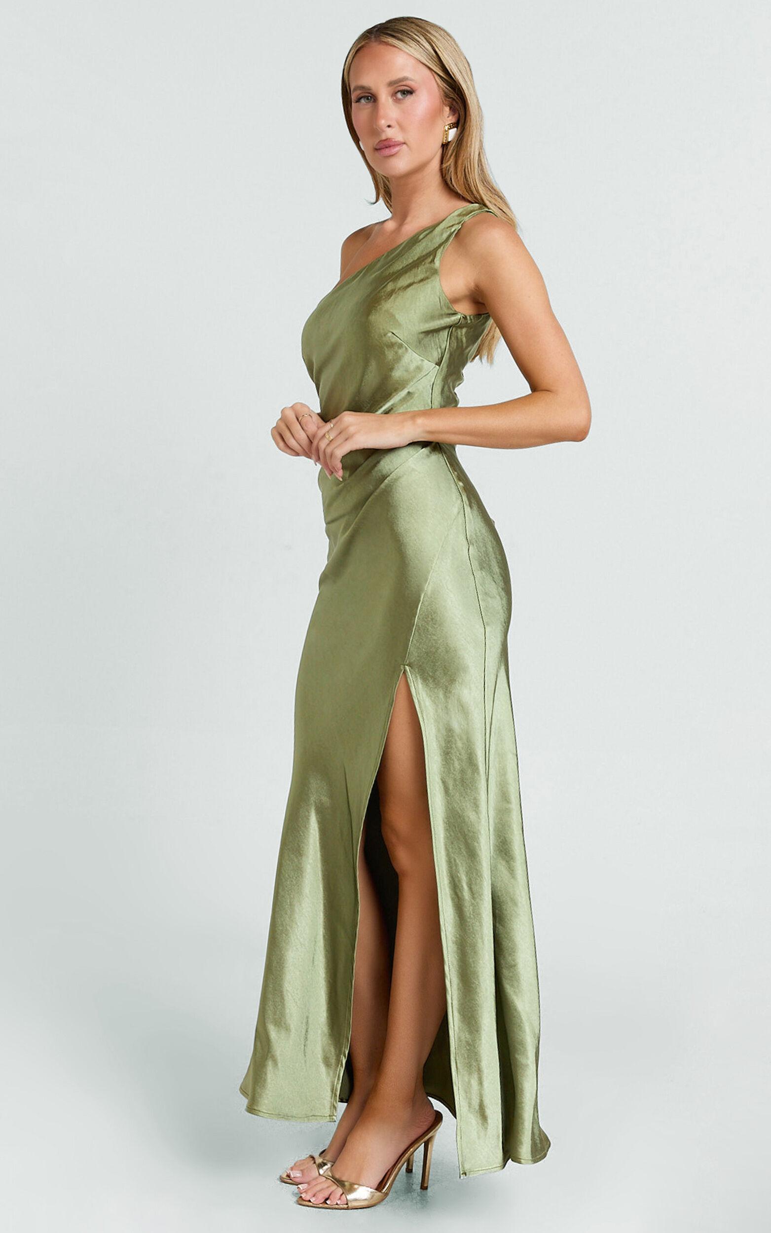 Isla Maxi Dress - Satin One Shoulder Side Split Dress in Olive Product Image