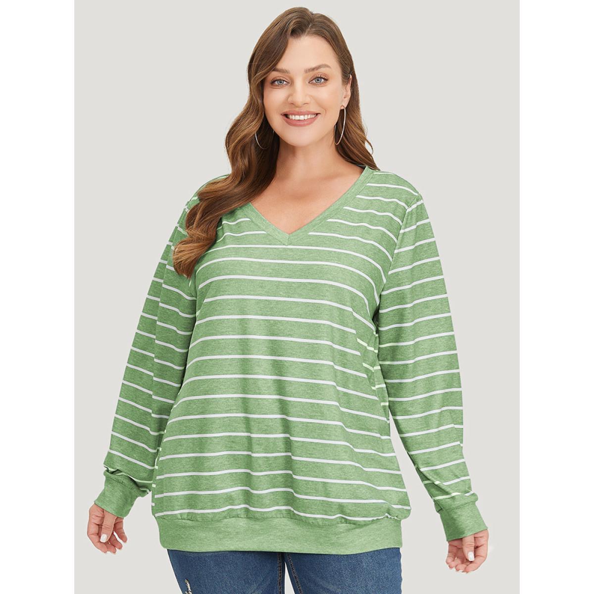 Plus Size Striped Print V Neck Sweatshirt Women Green Casual V-neck Dailywear Sweatshirts BloomChic 12/L Product Image