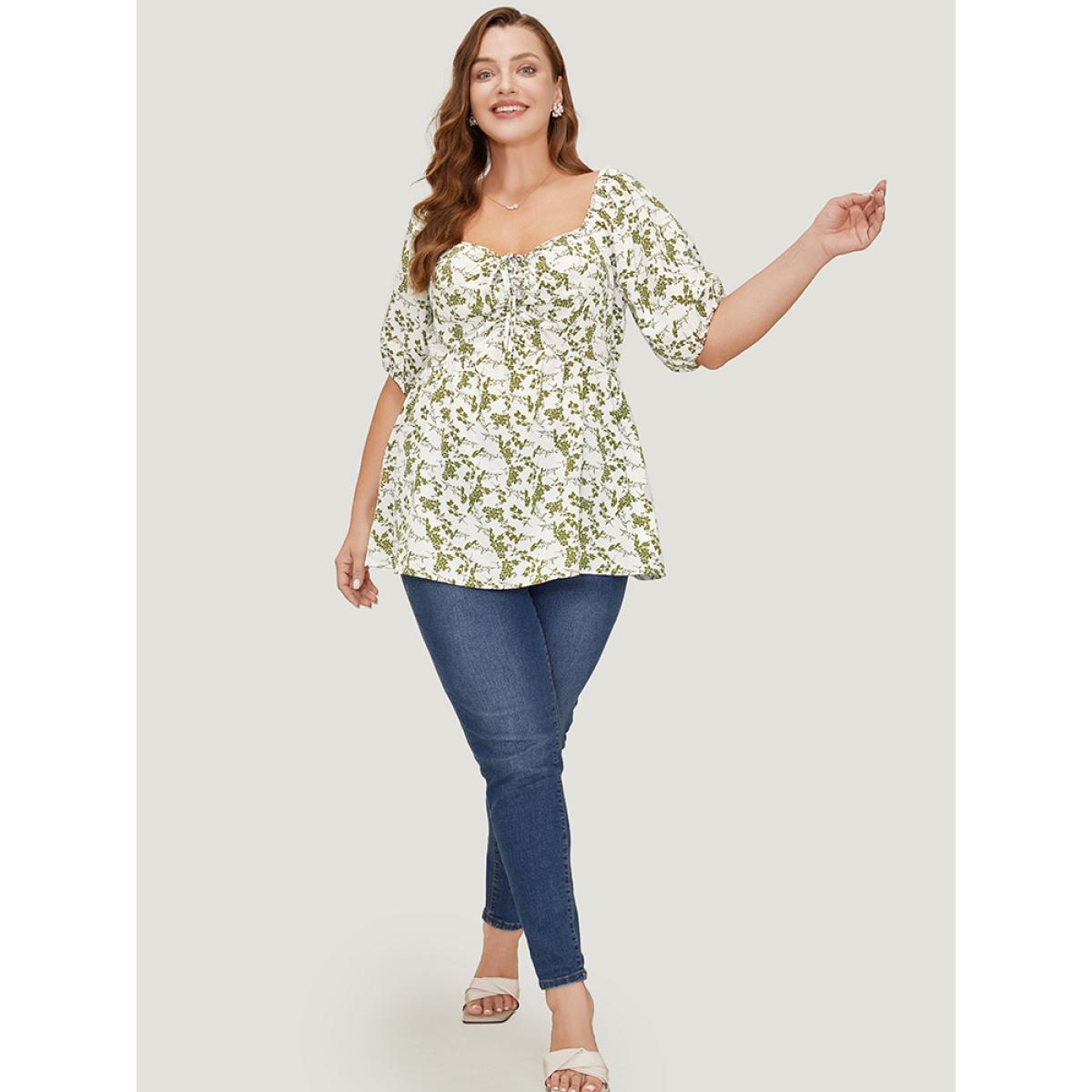 Plus Size Ivory Ditsy Floral Puff Sleeve Ruched Drawstring Blouse Women Elegant Half Sleeve Round Neck Dailywear Blouses BloomChic 12/L Product Image