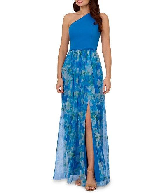 Adrianna Papell Mixed Media Floral Print One-Shoulder Neck Sleeveless A-Line Gown Product Image