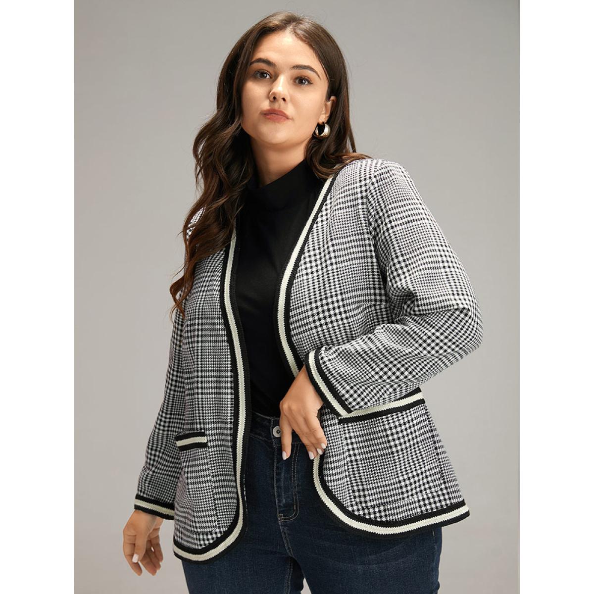 Plus Size Gingham Contrast Webbing Pocket Blazer Women Black Elegant Contrast Ladies Dailywear Winter Coats BloomChic 22-24/3X Product Image