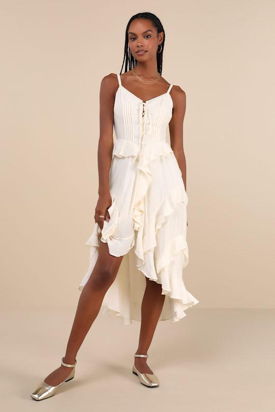 Playful Style Beige Lace-Up Ruffled High-Low Midi Dress Product Image