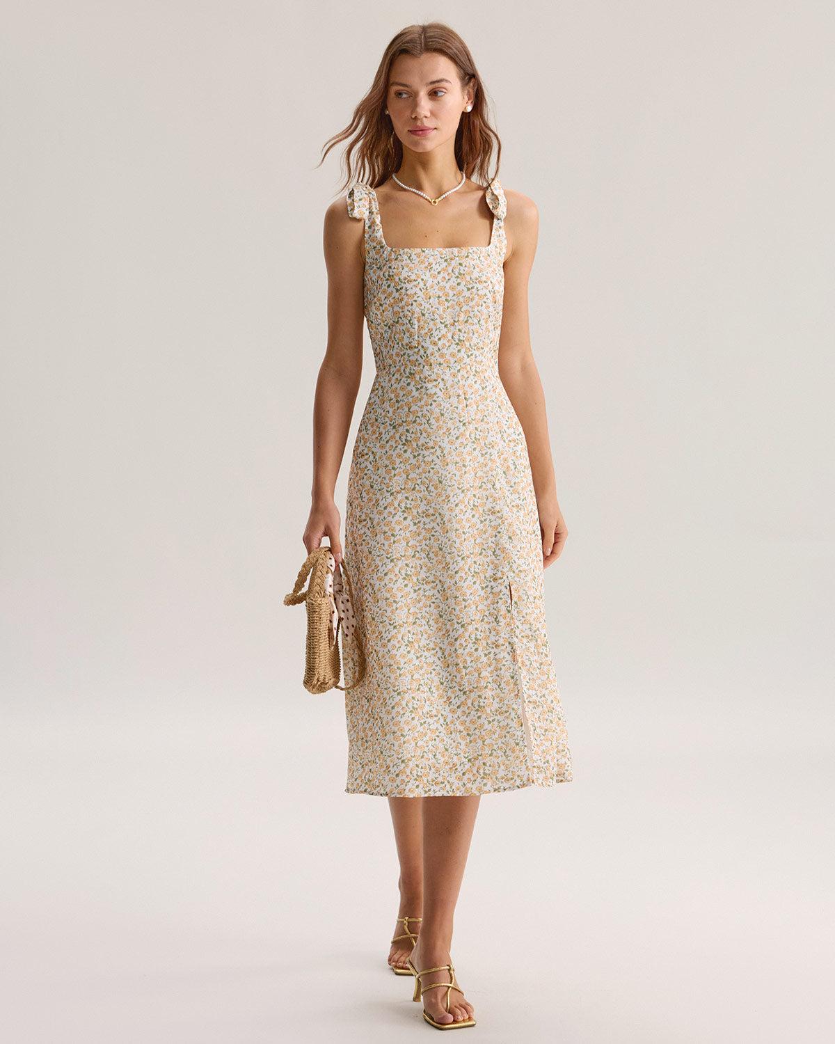 Yellow Floral Shirred Slip Midi Dress Product Image