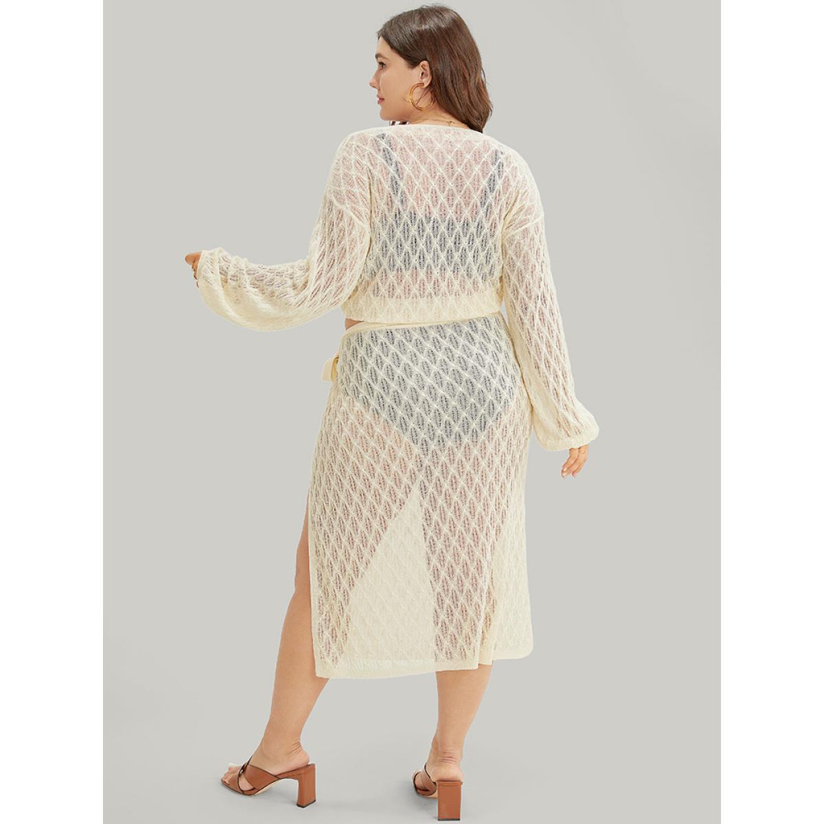 Plus Size Plain Argyle Eyelet Knotted Open Front Cardigan Beige Women Vacation Long Sleeve Going out Cardigans BloomChic 26/4X Product Image